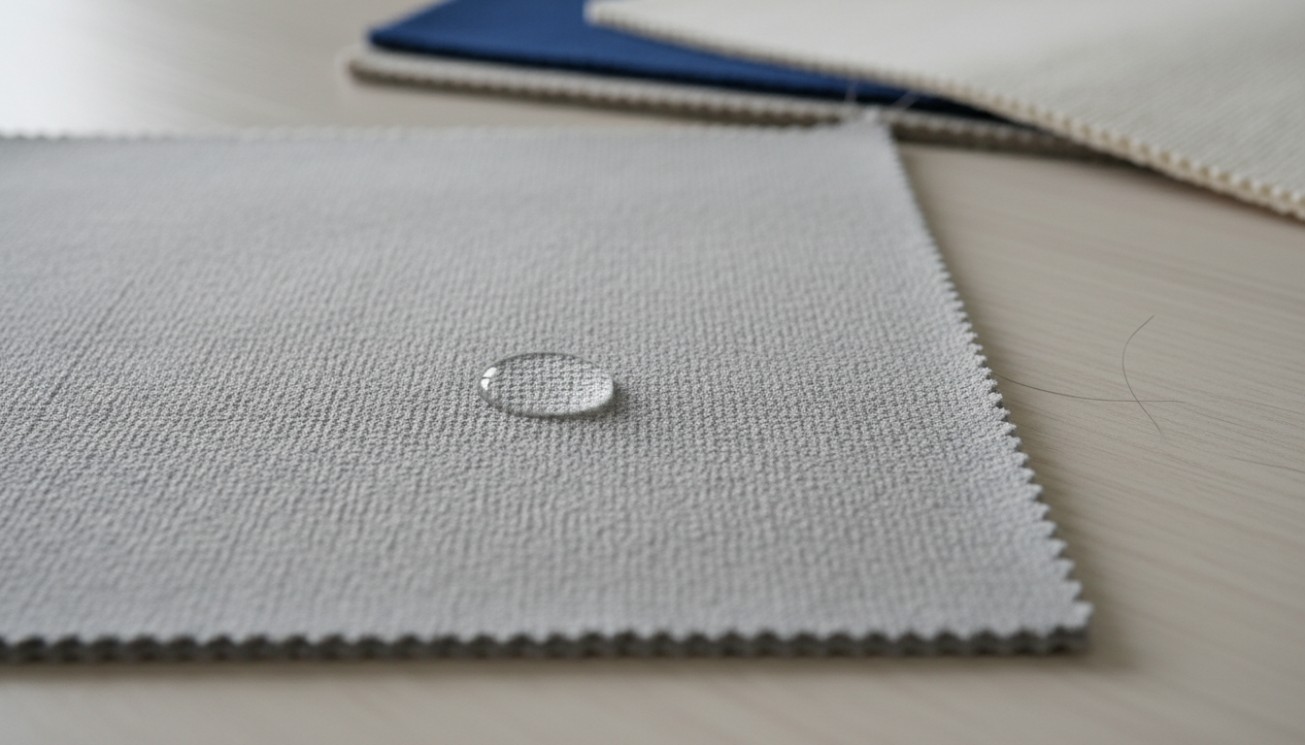 Easy clean sofa fabric sample with water droplet showing tight weave performance upholstery for family furniture